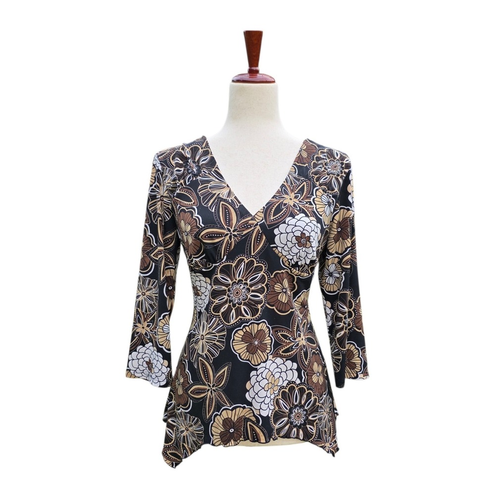 Y2K Euro Trash Top Size L All Over Print V-Neck Grunge Babydoll Asymmetrical